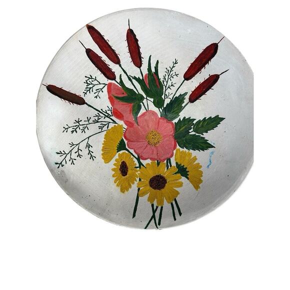 Antique Leather Board Hand Painted Floral Pansy Sun Flowers Round Wall Hangings - Picture 2 of 9